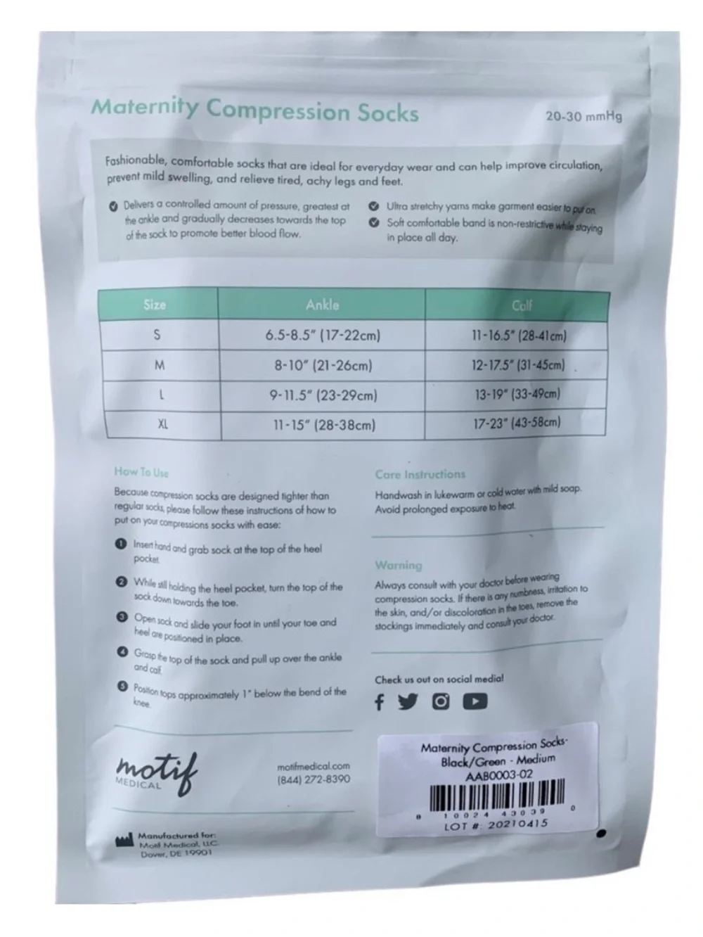 Motif Medical Maternity Compression Socks Black Green size Medium NEW
